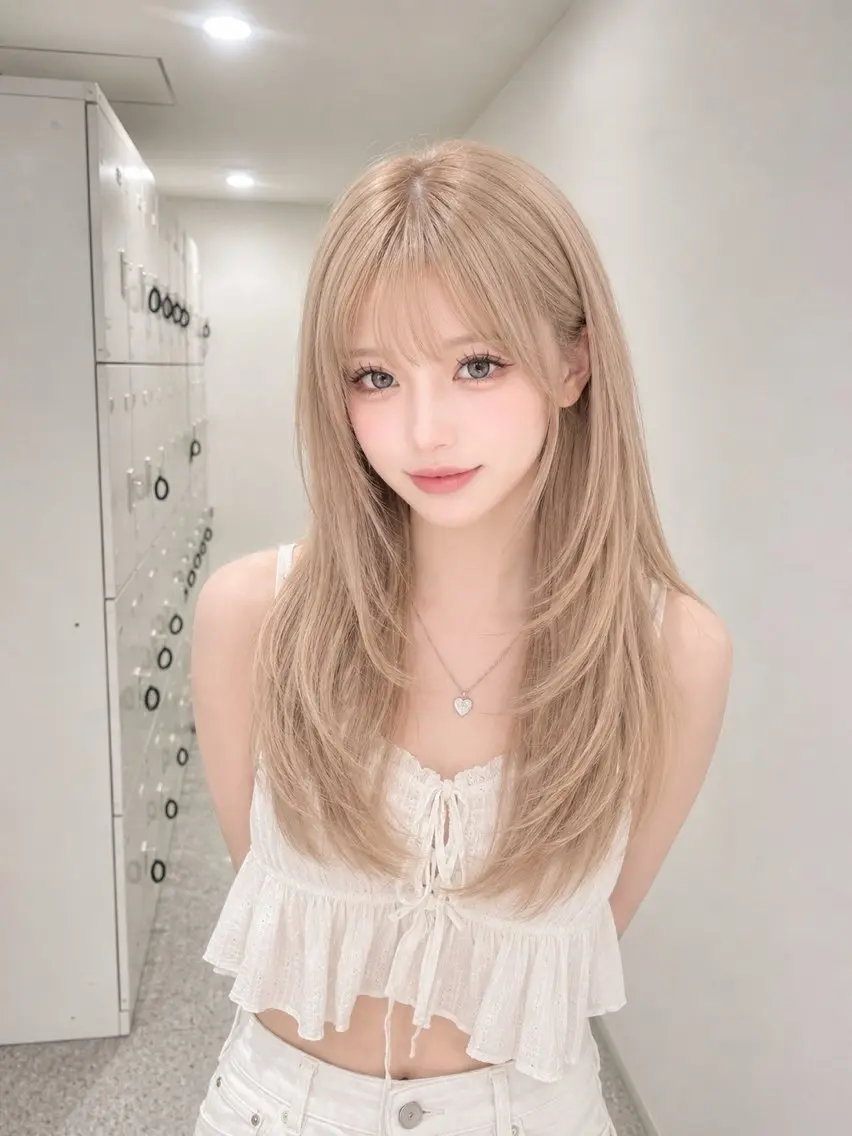 ロング カラー ベージュカラー ミルクティーベージュ 韓国風ヘア レイヤーカット ヘアカラー トリートメント ハイトーン/ホワイト /縮毛矯正/りくとのヘアスタイル