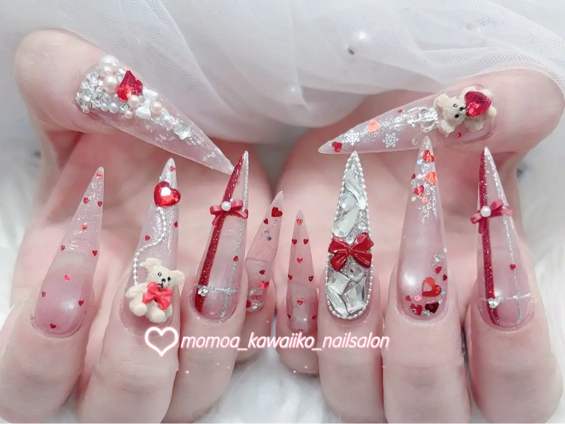 ネイル 成人式 ロングネイル マグネットネイル 大理石ネイル(マーブル) リボン ハンドネイル MoMoA Nail ネイル長さ出し専門店のネイルデザイン