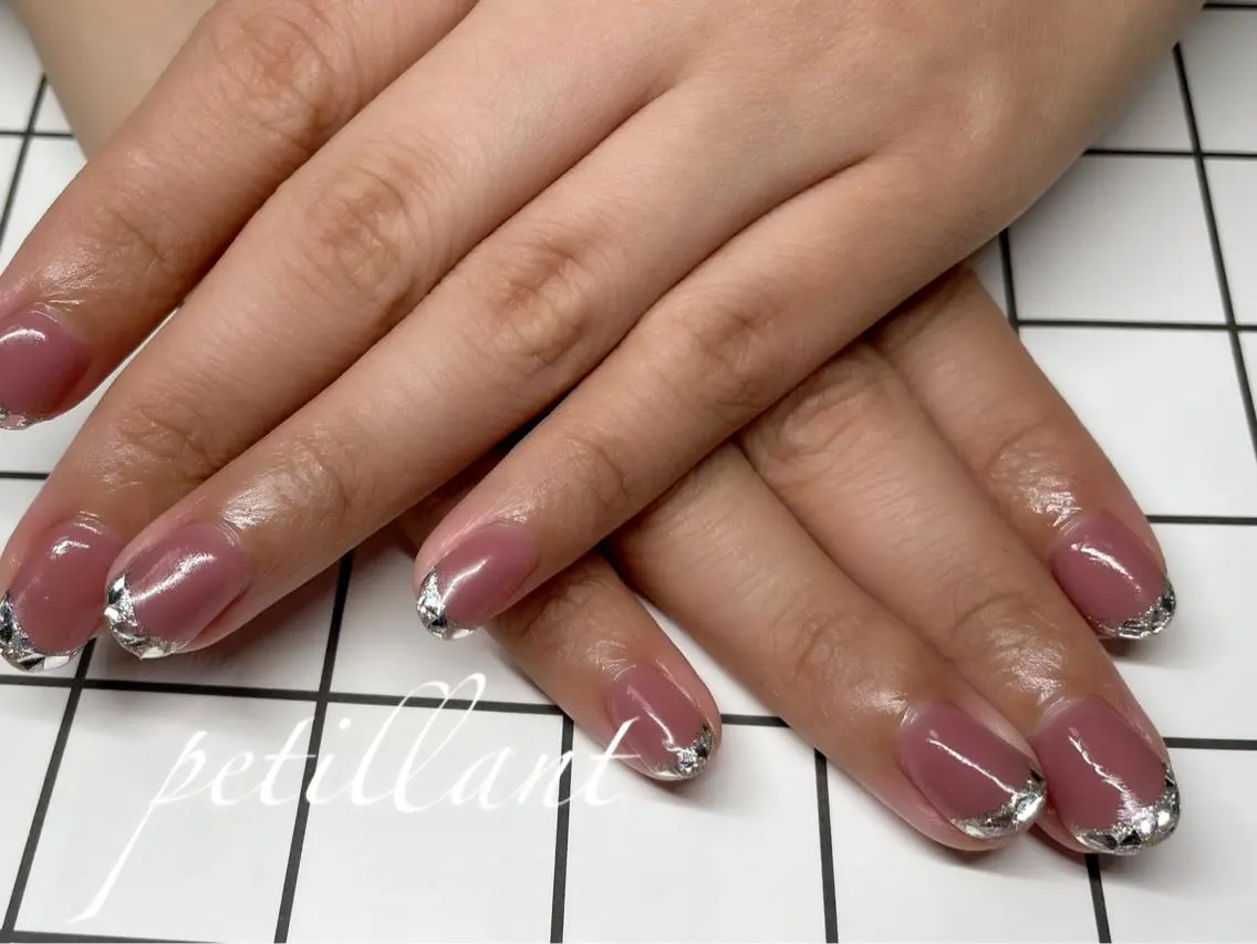 ネイル アートネイル フレンチネイル ガラスフレンチ ピンク nail salon petillantのネイルデザイン