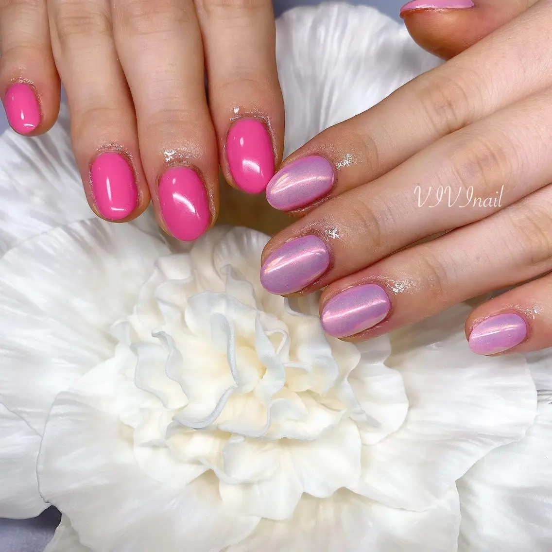 ネイル オーロラネイル ピンク ハンドネイル vivi nailのネイルデザイン