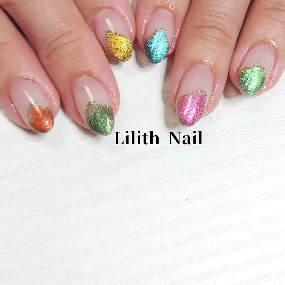 ネイル クリアネイル フレンチネイル グリーン ラメ(グリッター) マグネットネイル ハンドネイル Lilith Nailのネイルデザイン