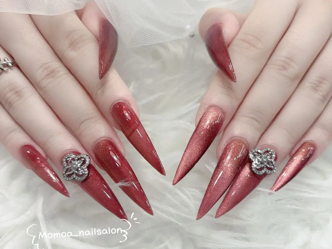 ネイル 成人式 ロングネイル マグネットネイル 大理石ネイル(マーブル) リボン ハンドネイル MoMoA Nail ネイル長さ出し専門店のネイルデザイン