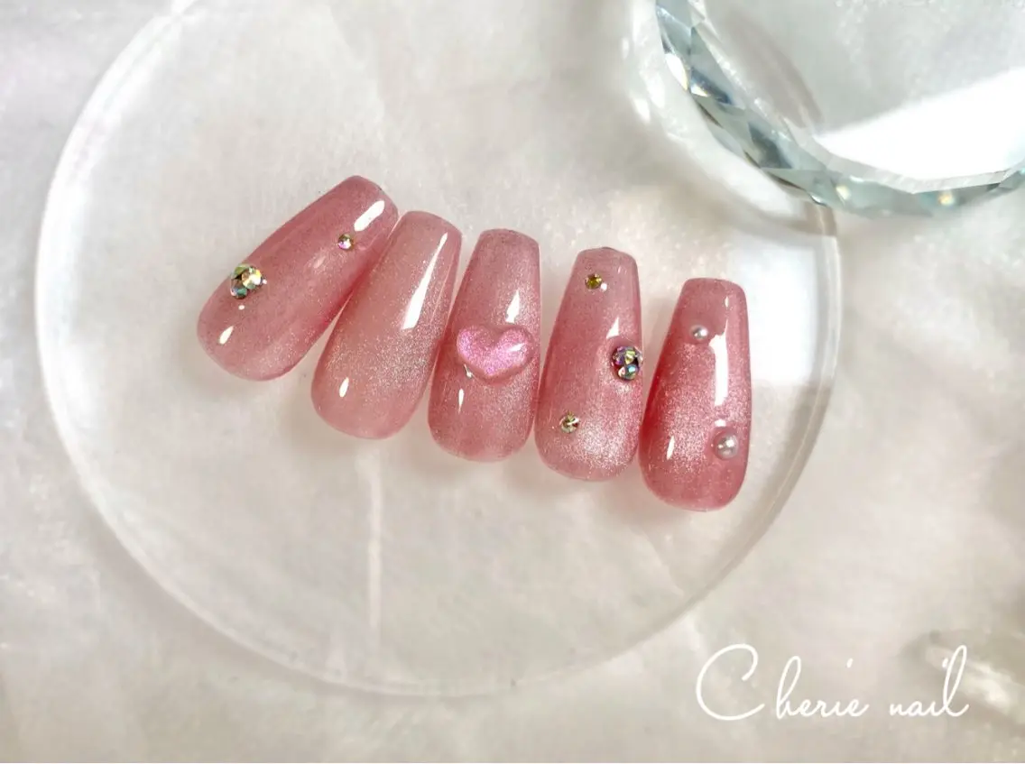 ネイル ジェルネイル ハート マグネットネイル オフィスネイル ピンク Cherienail yunaのネイルデザイン