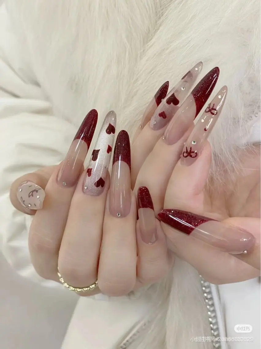 ネイル 成人式 大理石ネイル(マーブル) リボン ネイルチップ 冬ネイル ハンドネイル MoMoA Nail ネイル長さ出し専門店のネイルデザイン