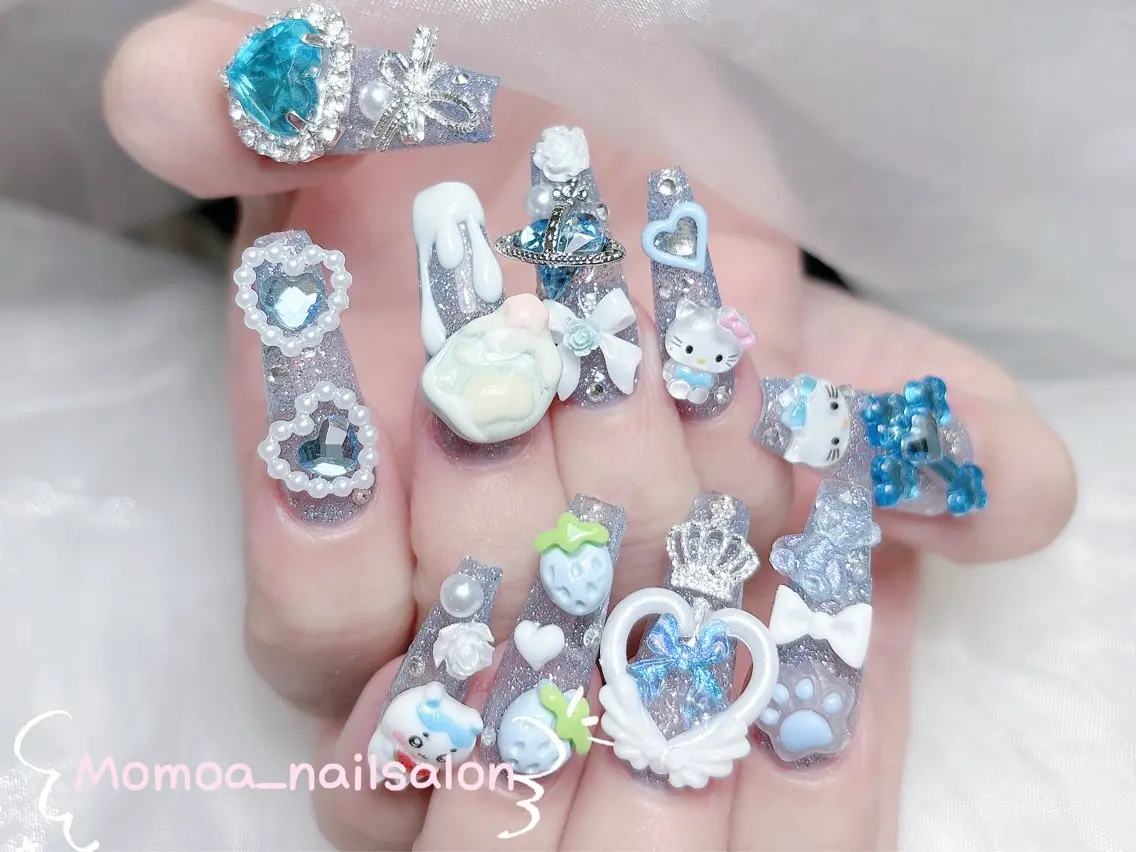 ネイル 成人式 ロングネイル マグネットネイル 大理石ネイル(マーブル) 持ち込み ハンドネイル MoMoA Nail ネイル長さ出し専門店のネイルデザイン