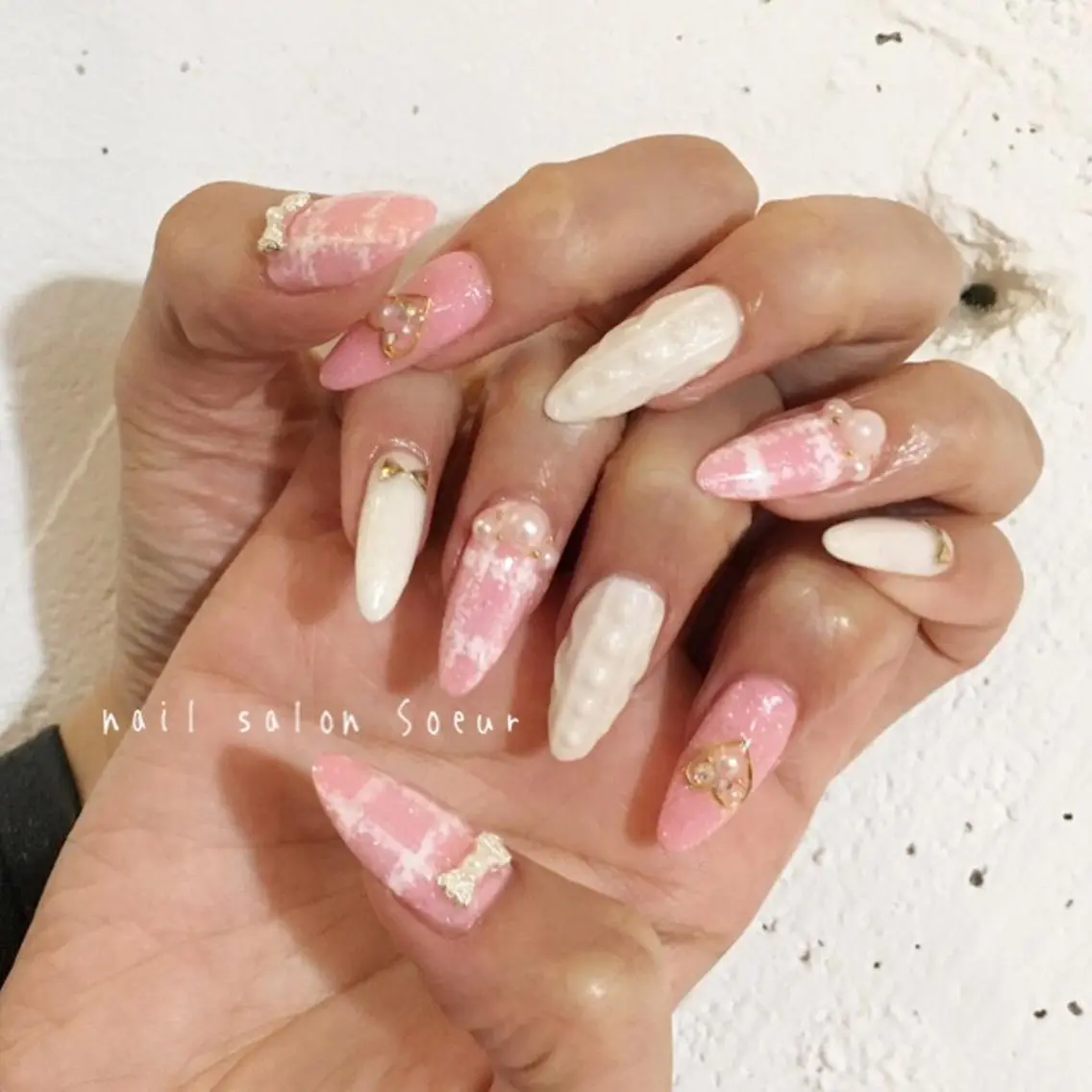 ネイル ハート 持ち込み リボン スカルプネイル ハンドネイル nail salon Soeurのネイルデザイン