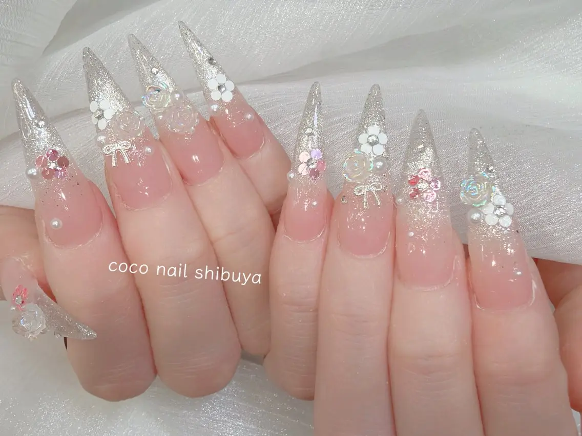 ネイル 成人式 大理石ネイル(マーブル) リボン 夏ネイル ネイルチップ ハンドネイル CoCo Nail 長さ出し専門店のネイルデザイン
