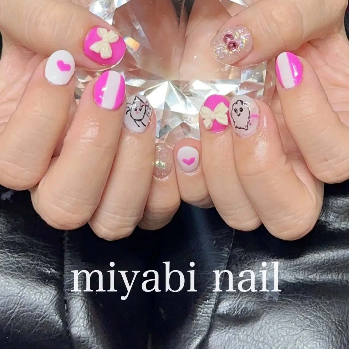 ネイル アートネイル ジェルネイル 持ち込み ピンク ハンドネイル miyabi nail 桂川駅近くのネイルデザイン
