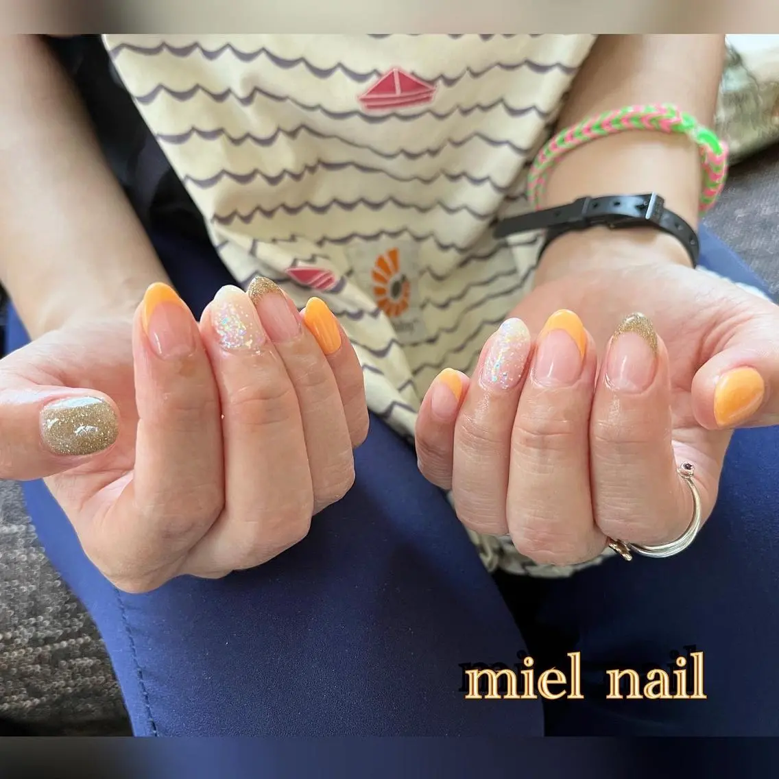 ネイル フラッシュネイル フレンチネイル オレンジ miel nailのネイルデザイン