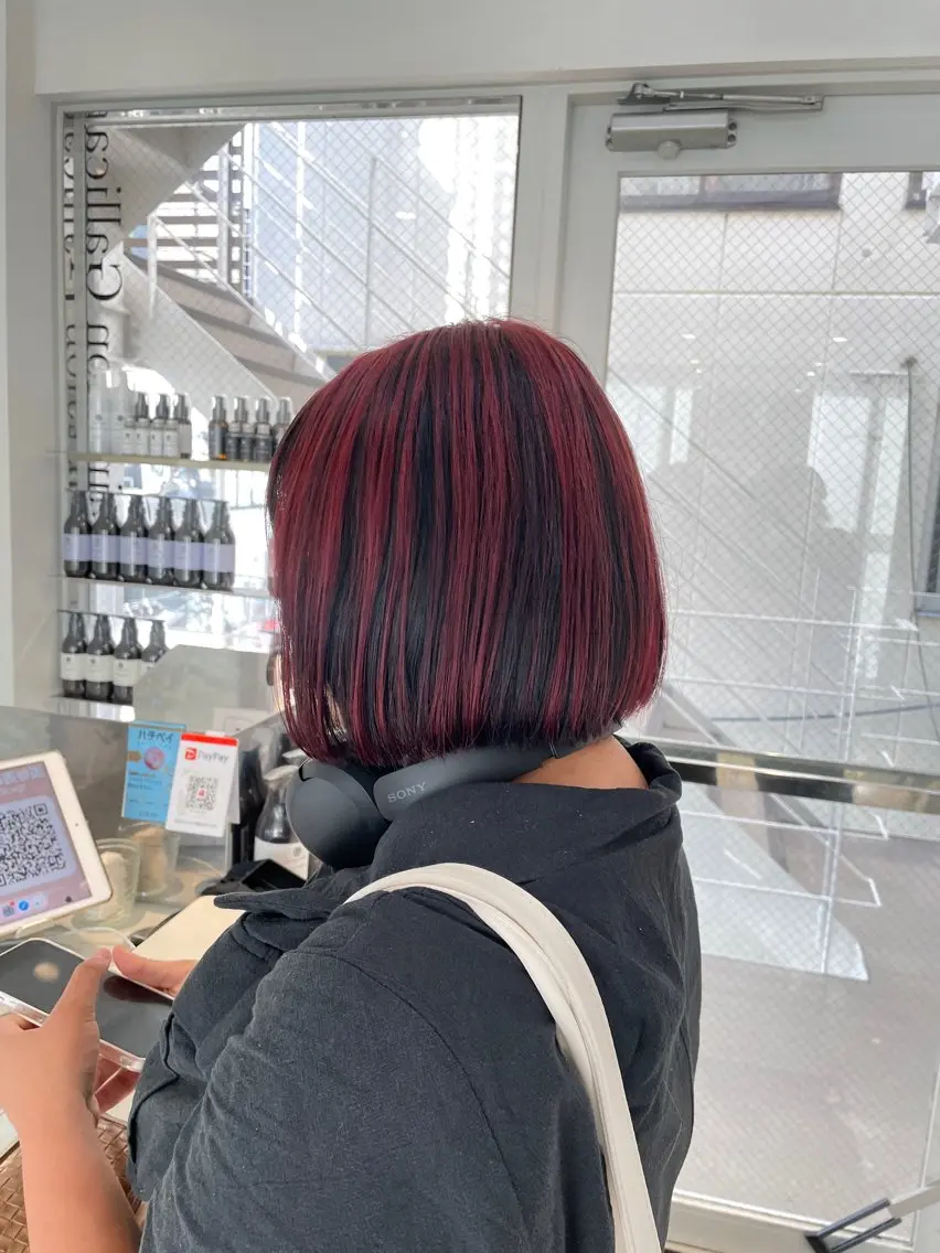 ショート カラー ヘアアレンジ 黒髪 レッドカラー ヘアカラー トリートメント ヘッドスパ ヘアセット 艶カラー✨縮毛矯正✨ 翁長孝輔のヘアスタイル