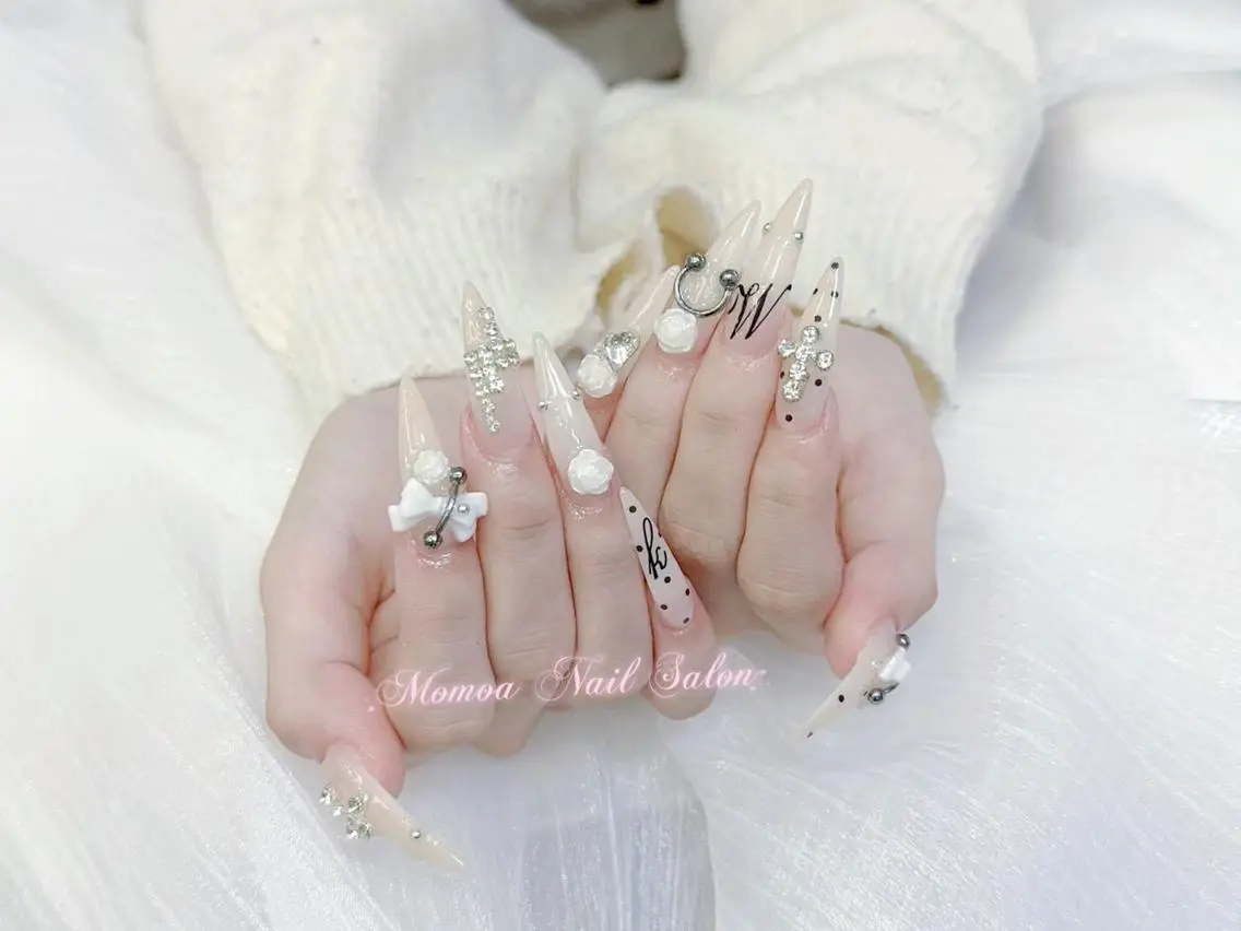 ネイル 成人式 大理石ネイル(マーブル) リボン 夏ネイル ネイルチップ ハンドネイル MoMoA Nail ネイル長さ出し専門店のネイルデザイン