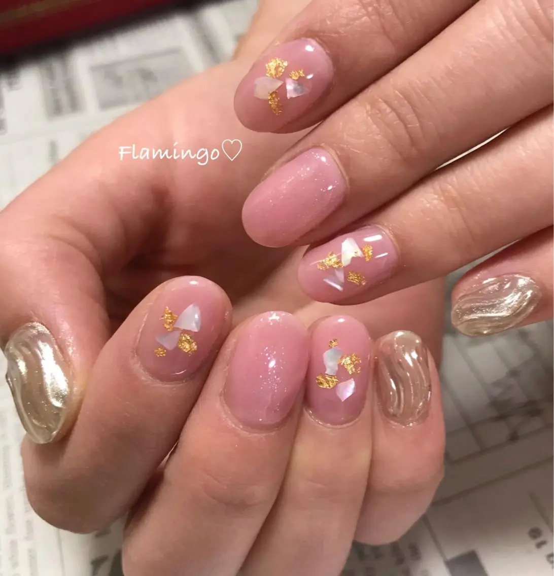 ネイル ジェルネイル ミラーネイル ニュアンスネイル ピンク シンプルネイル フィルイン/爪育成♡ 40代からのサロンのネイルデザイン