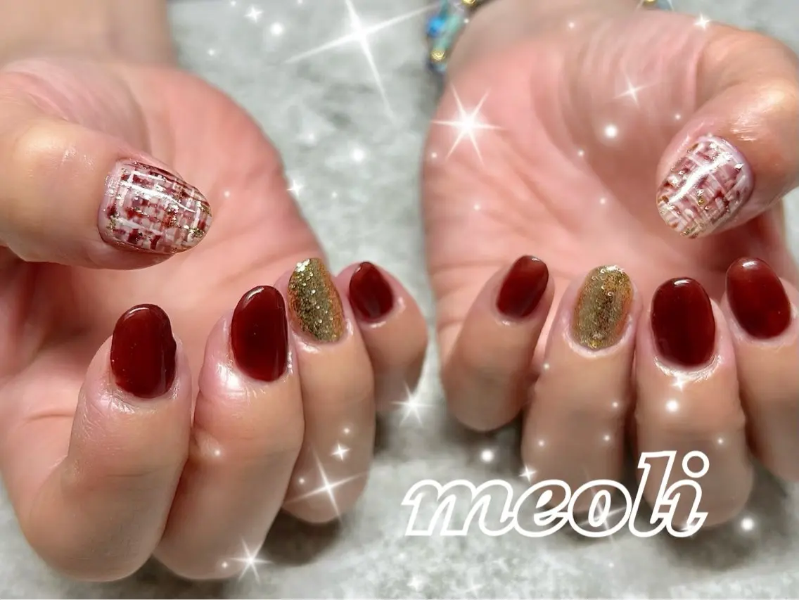 ネイル ゴールド ラメ(グリッター) 赤色 ツイードネイル ハンドネイル nail salon meoli　アヤのネイルデザイン