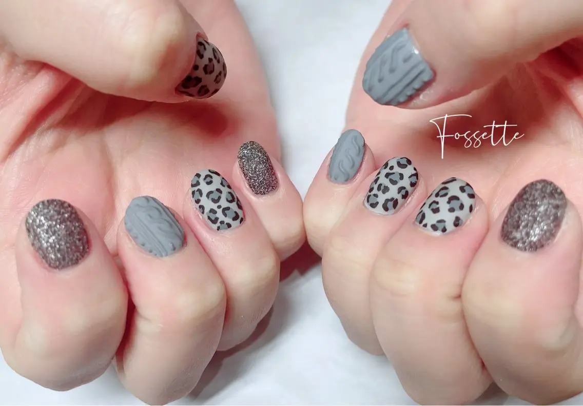 ネイル アニマル柄 マットネイル ショートネイル 冬ネイル ハンドネイル nailsalon Fossetteのネイルデザイン