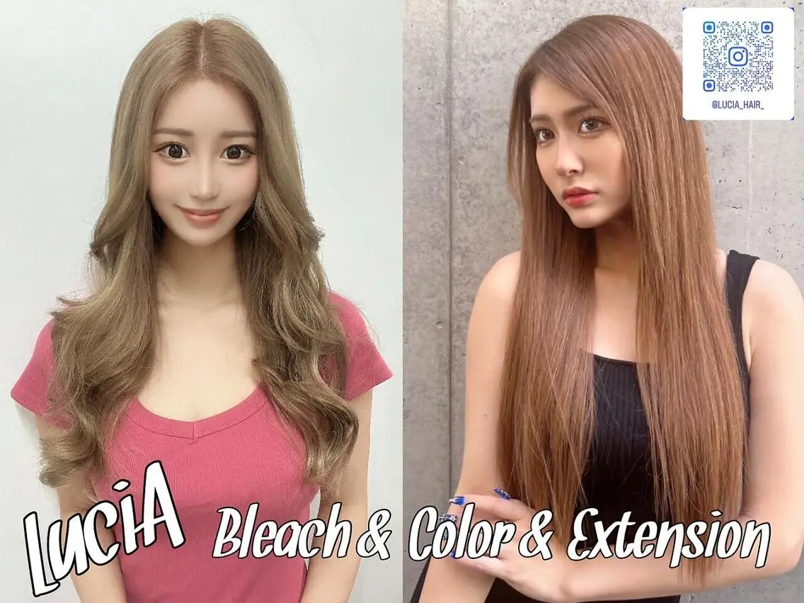ロング ヘアアレンジ カラー シールエクステ 黒髪 ブリーチ デザインカラー ダブルカラー LuciAエクステ カラー3000セラのヘアスタイル