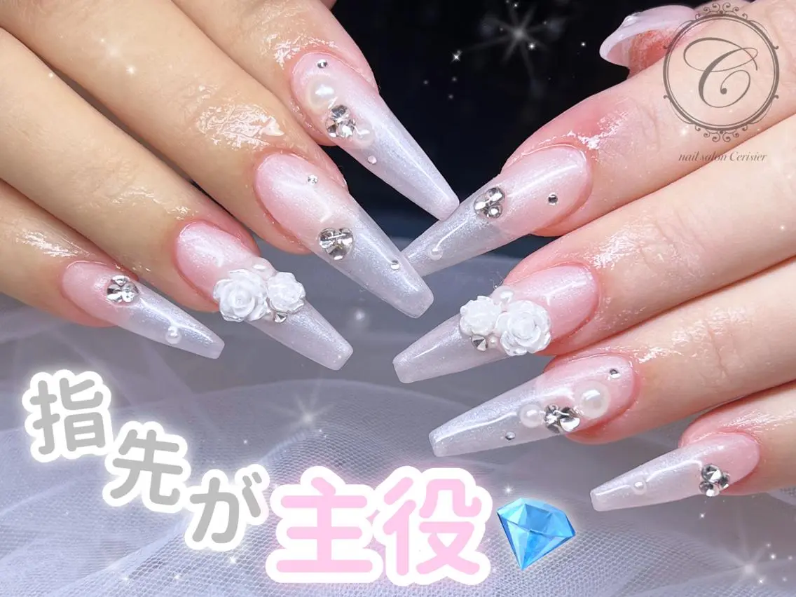ネイル 長さ出し ジェルネイル ガーリー パラジェル スカルプネイル cerisier セリシールのネイルデザイン