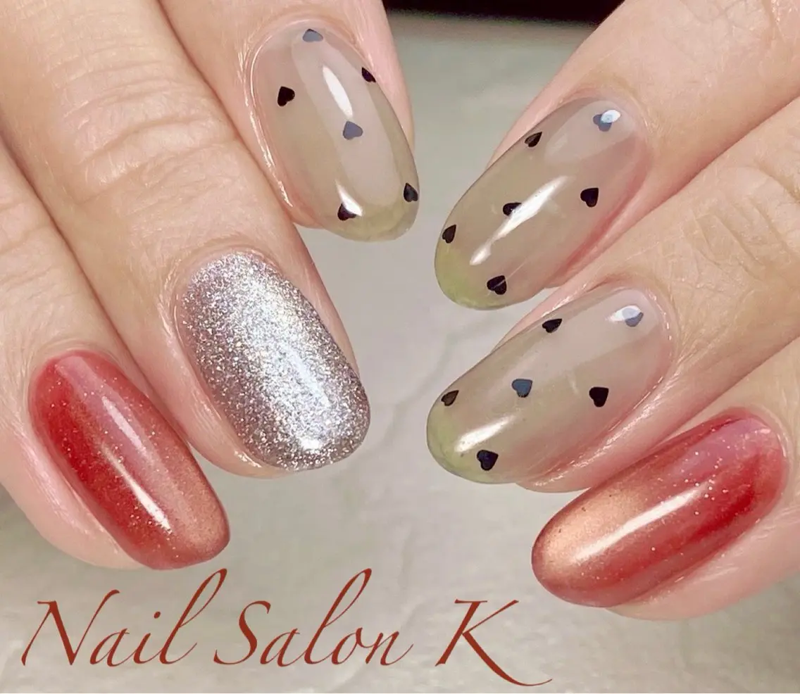 ネイル ドット フラッシュネイル ハート マグネットネイル ハンドネイル Nail Salon K 🧸美爪育成のネイルデザイン