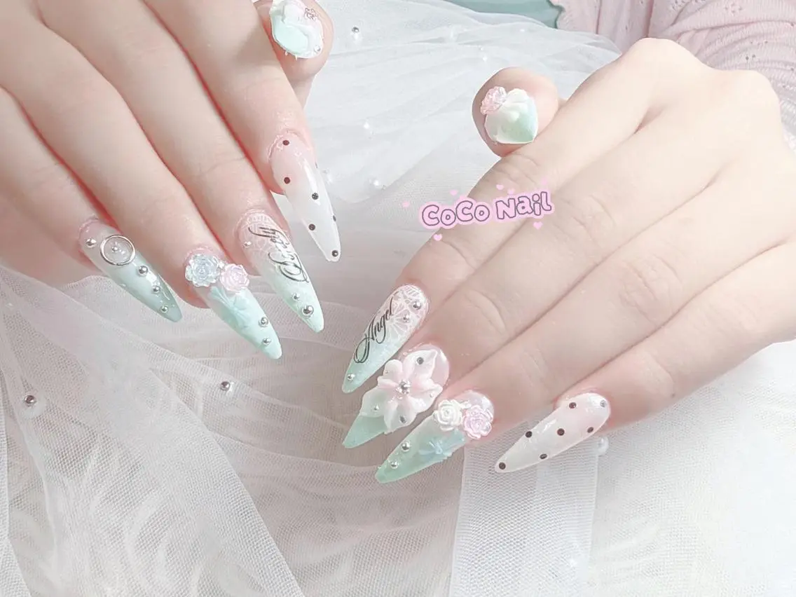 ネイル 成人式 大理石ネイル(マーブル) リボン 夏ネイル ネイルチップ ハンドネイル Mi Na Nail Salonのネイルデザイン