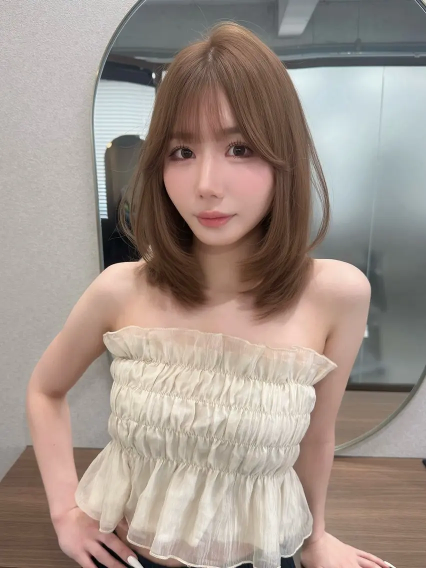 ミディアム カラー ベージュカラー ブリーチ 透明感カラー ブリーチなしカラー 顔周りカット ヘアカラー トリートメント 結べるレイヤー/ 透明感カラー/和奏のヘアスタイル