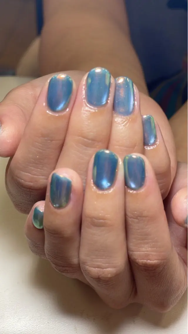 ネイル ブルー マグネットネイル ミラーネイル オレンジ ハンドネイル niko nailのネイルデザイン