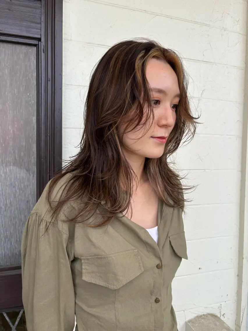 ロング カラー ミストバング  フェイスフレーミング ハイライトカラー ハイライト ヘアカラー 江原 彩華のヘアスタイル