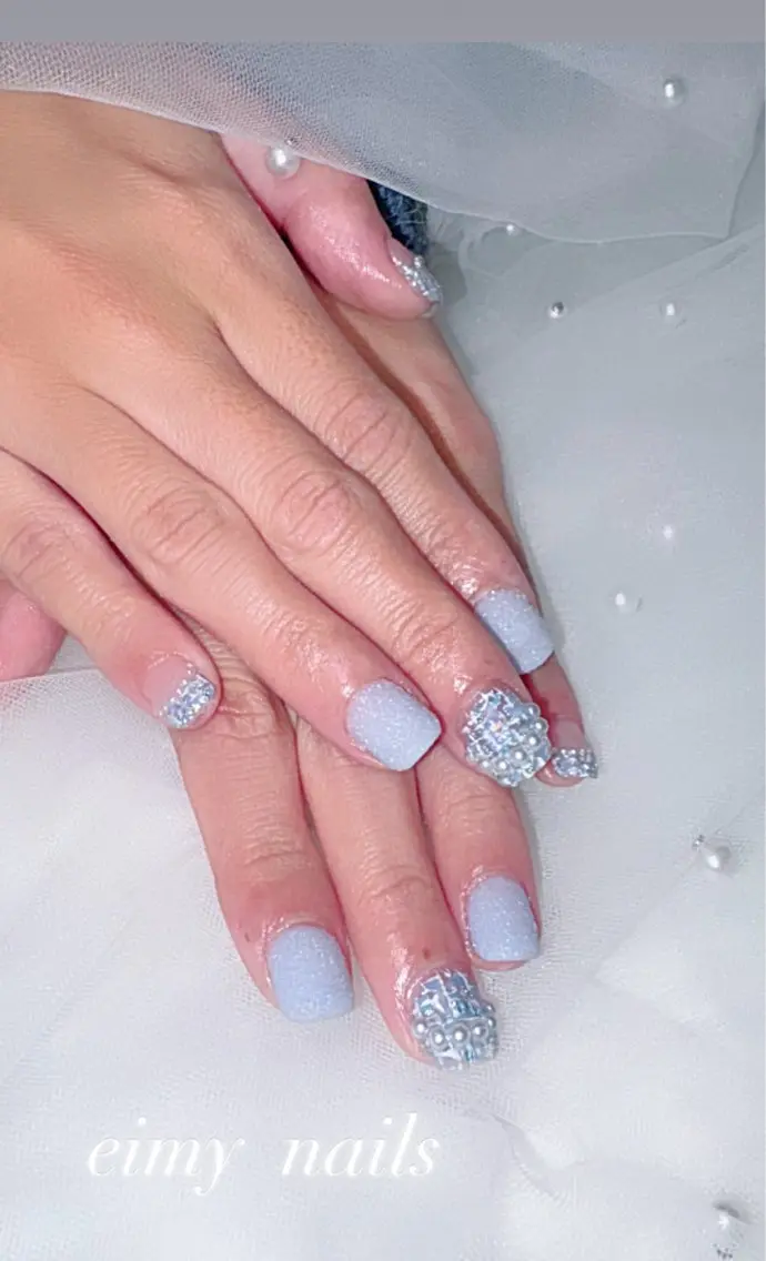 ネイル アートネイル フレンチネイル 水色 リボン ツイードネイル ハンドネイル eimy nails♡のネイルデザイン