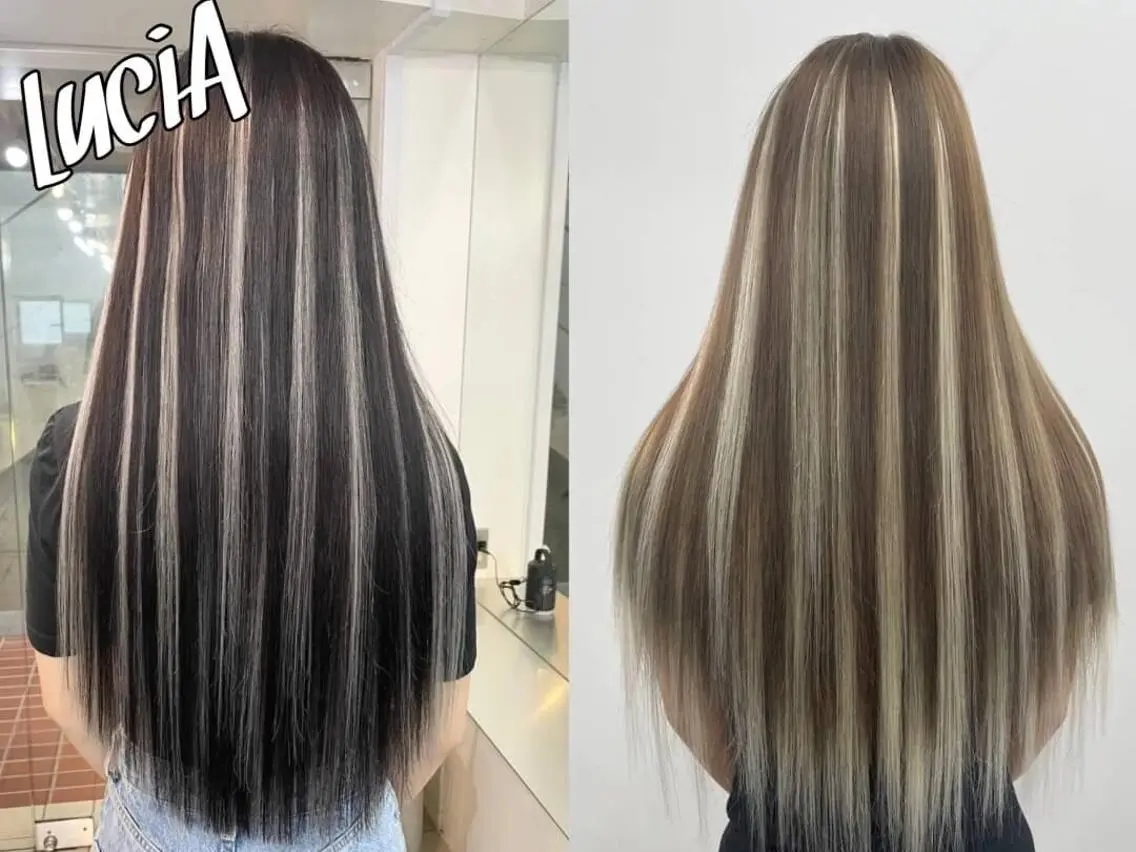 カラー ヘアアレンジ ロング シールエクステ 黒髪 ブリーチ デザインカラー ダブルカラー LuciAエクステ カラー3000セラのヘアスタイル
