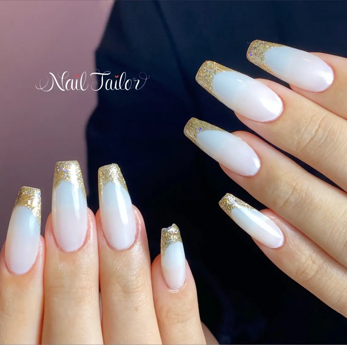 ネイル 長さ出し フレンチネイル ラメ(グリッター) ロングネイル オフィスネイル ハンドネイル NailTailor ネイルテイラーのネイルデザイン