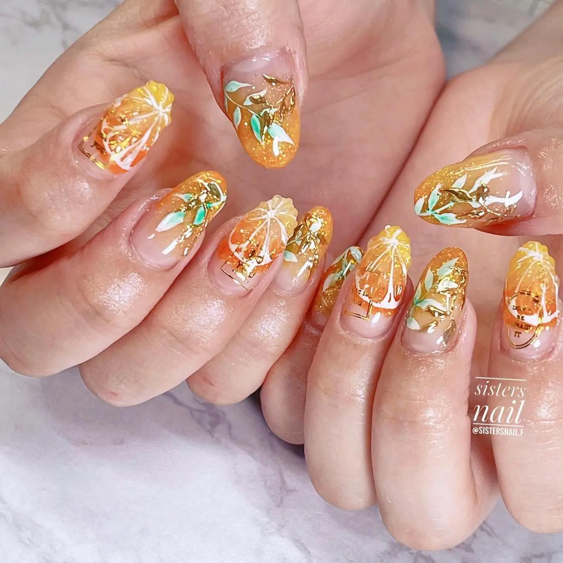 ネイル アートネイル キラキラネイル ラメ(グリッター) オレンジ ぷっくりネイル sisters nail.fのネイルデザイン