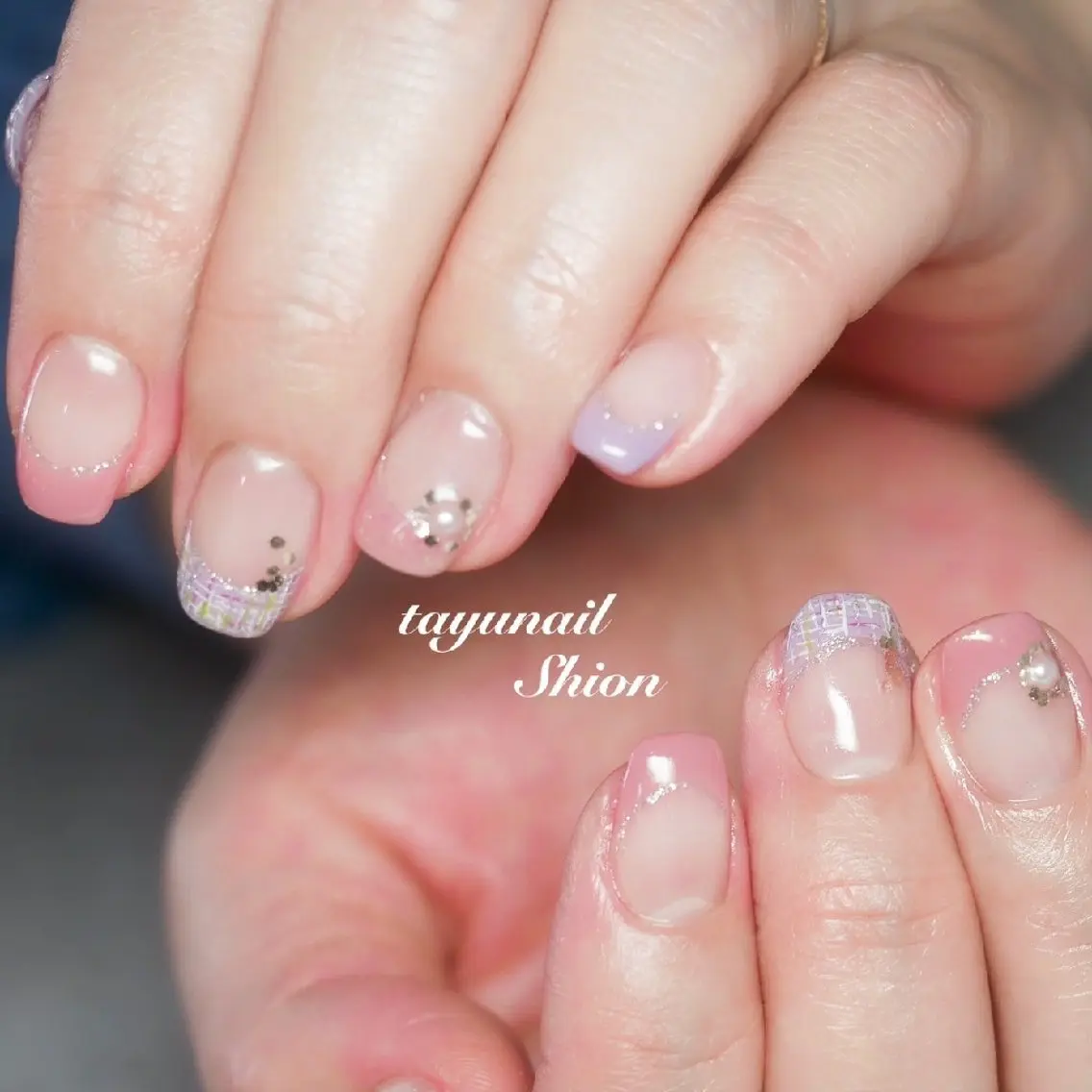 ネイル フレンチネイル ジェルネイル パラジェル ピンク ツイードネイル ネイルサロン 【たゆnail】のネイルデザイン