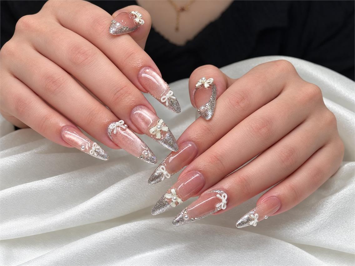 ネイル ロングネイル ピンク リボン シルバー NAILS 168 大塚のネイルデザイン