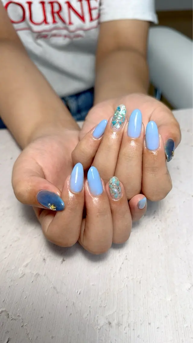 ネイル ブルー ハンドネイル Monica nails/福島のネイルデザイン
