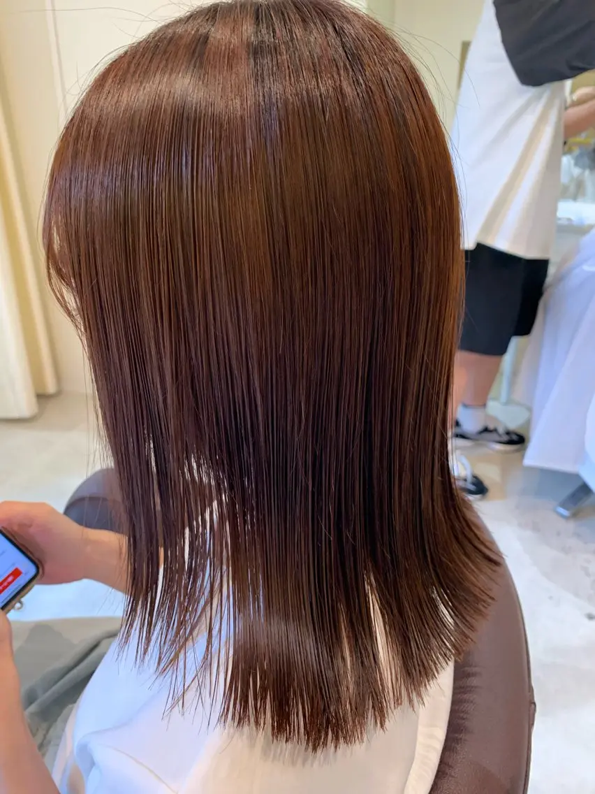 ミディアム カラー 切りっぱなしボブ ブラウンカラー オレンジ オレンジブラウン ボブ カット ヘアカラー トリートメント Yuuki🌷名古屋 栄 カラー/ボブのヘアスタイル
