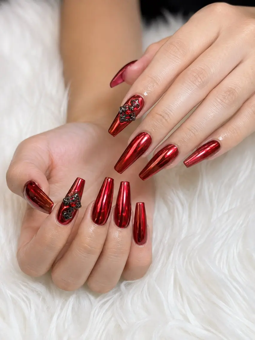 ネイル ロングネイル ミラーネイル 赤色 MEO MEO NAIL 守山のネイルデザイン