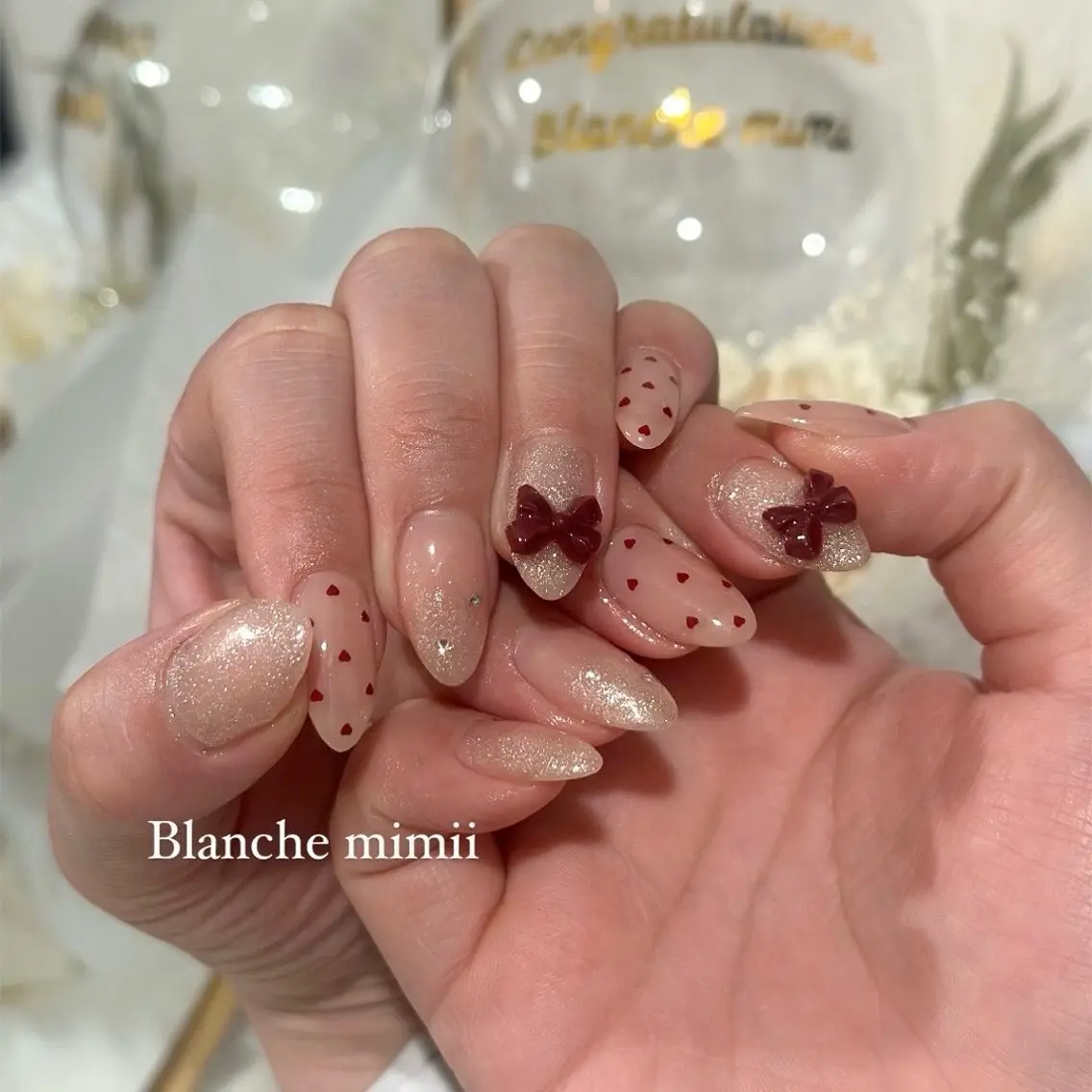 ネイル ボルドー ガーリー ハート キラキラネイル 韓国ネイル ハンドネイル Blanche Ayaのネイルデザイン