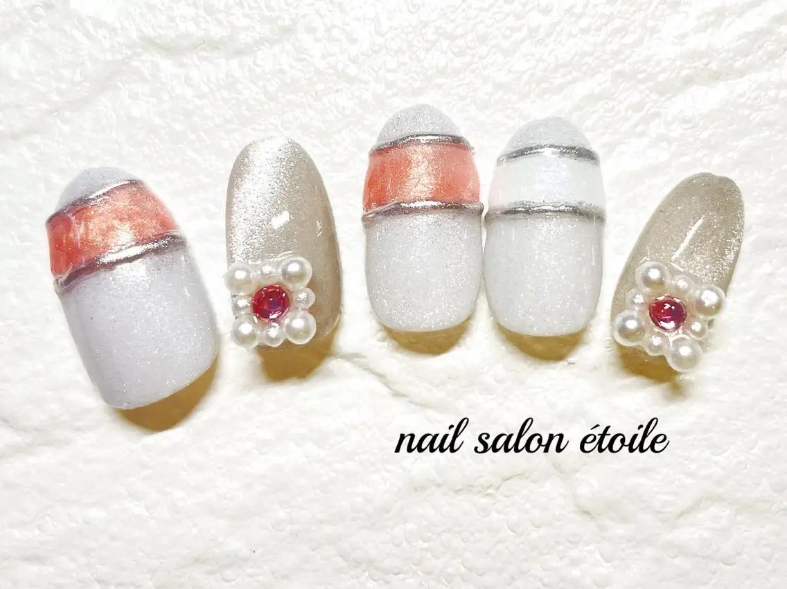ネイル ジェルネイル マグネットネイル オフィスネイル ピンク シルバー ハンドネイル nail salon étoileのネイルデザイン