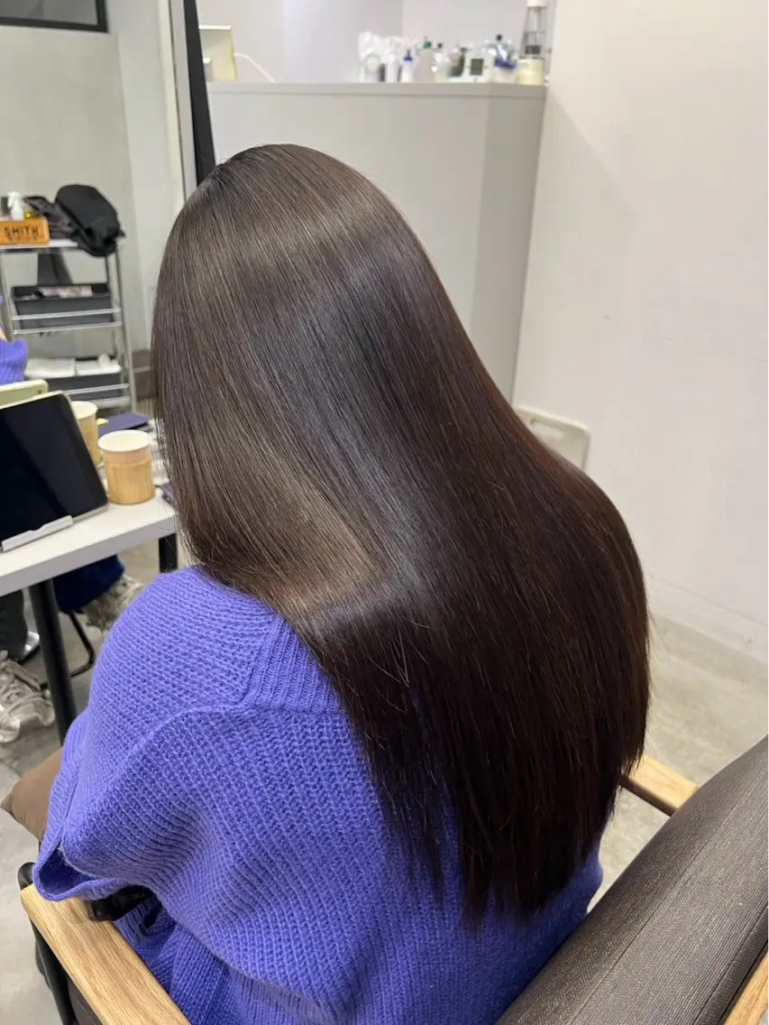 ロング パーマ 髪質改善 レイヤーカット 縮毛矯正 トリートメント 酸性ストレート 縮毛矯正 🍒モテ暖色カラー × うる艶✧ ゆなのヘアスタイル