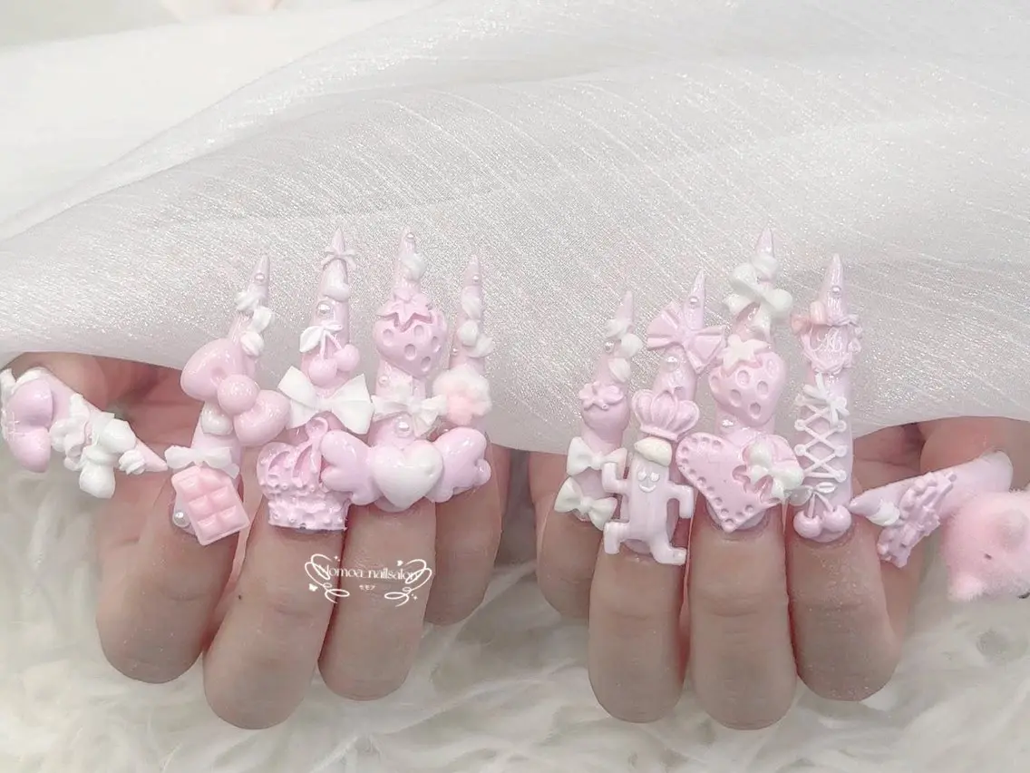 ネイル 成人式 大理石ネイル(マーブル) リボン 夏ネイル ネイルチップ ハンドネイル MoMoA Nail ネイル長さ出し専門店のネイルデザイン
