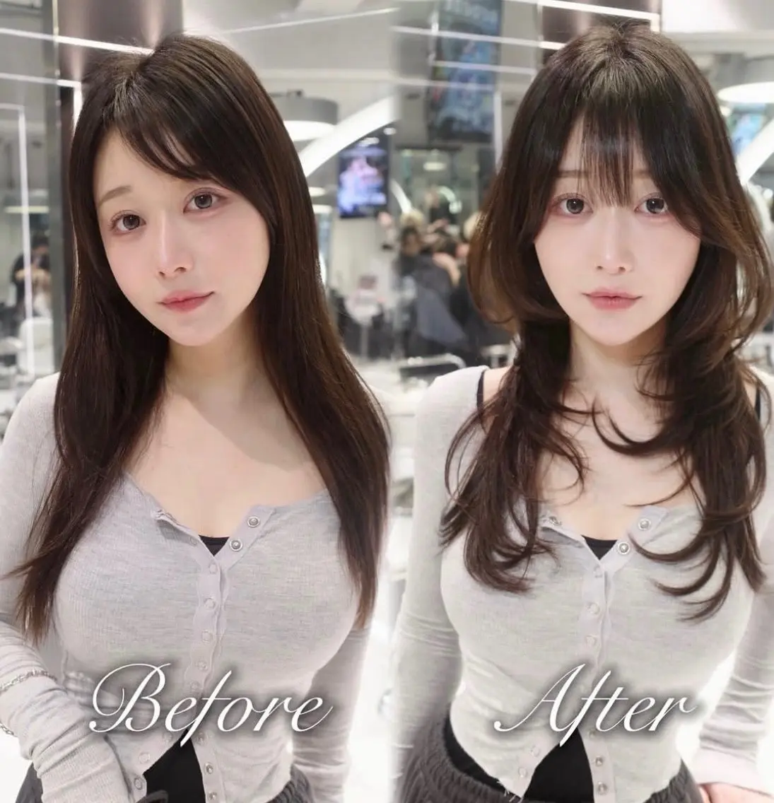 ロング くびれヘア 顔周りカット ハイレイヤー 韓国風ヘア レイヤーカット カット ヘアカラー がわ/ハイレイヤー /ハイトーンカラーのヘアスタイル