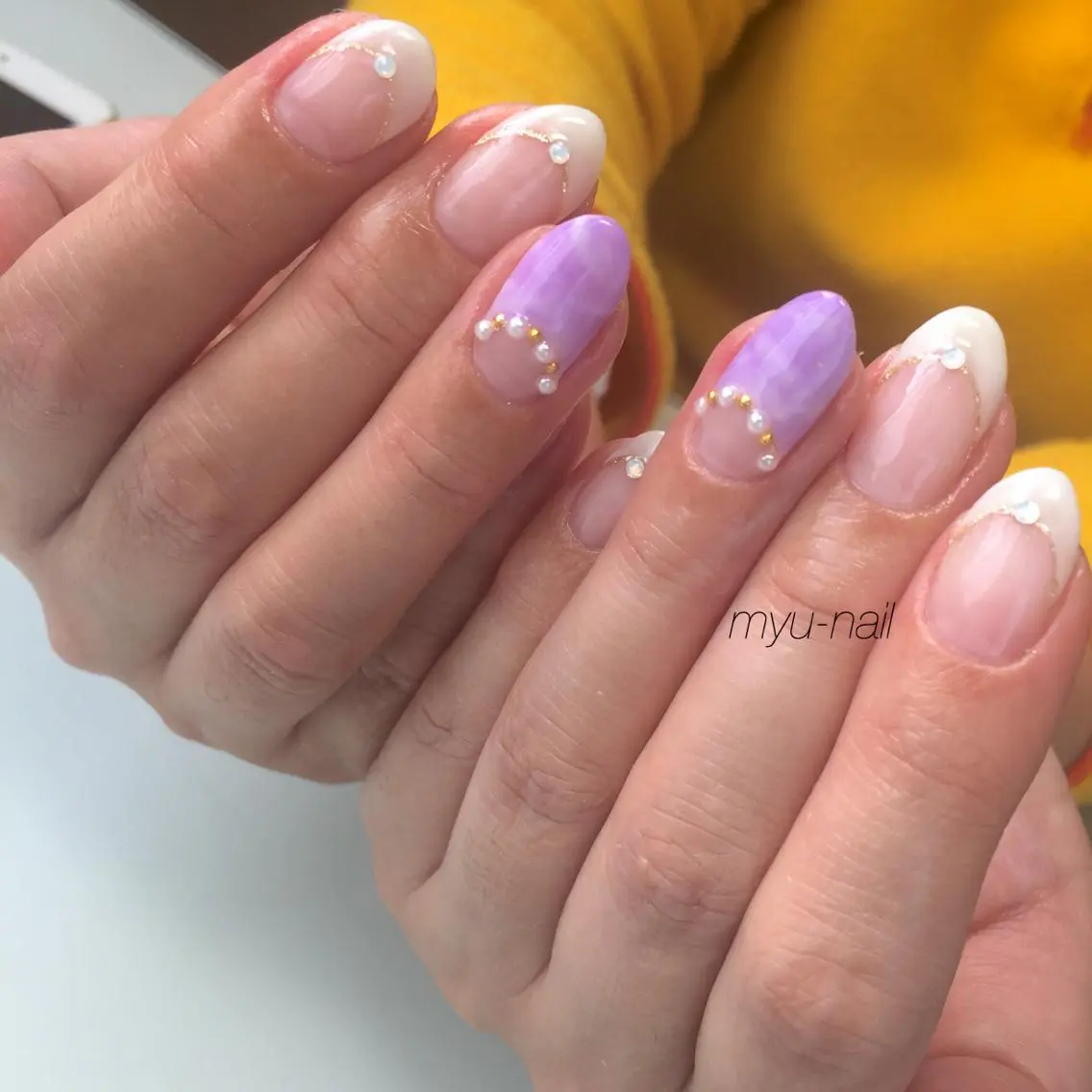 ネイル アートネイル フレンチネイル 大理石ネイル(マーブル) パープル シンプルネイル ホームサロン myu-nailのネイルデザイン