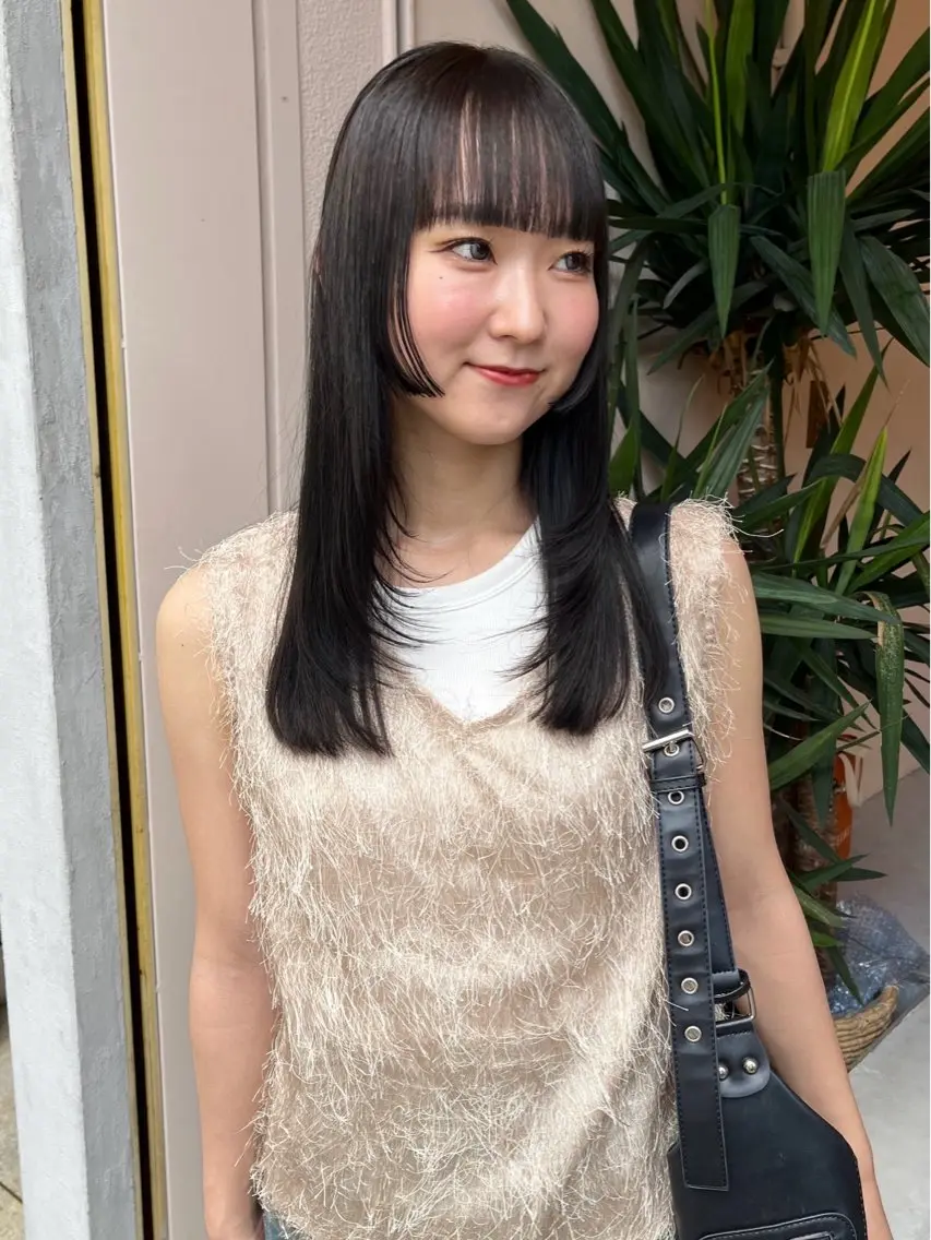 セミロング カラー 顔まわりレイヤー 姫カット レイヤーカット レイヤーカット/ ハイトーン/mikiのヘアスタイル