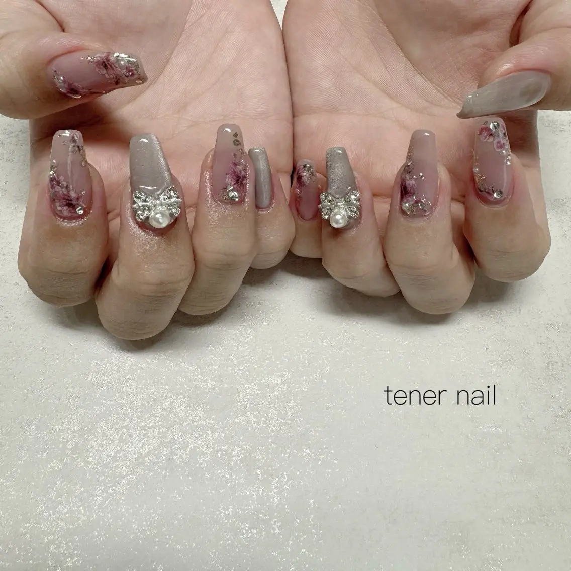 ネイル フラワーネイル リボン ハンドネイル テネルネイル tener nailのネイルデザイン