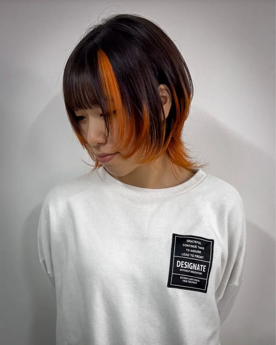 ミディアム カラー デザインカラー オレンジ レイヤーカット ウルフカット 🥇近藤 恭輔🥇 Recharme新保のヘアスタイル