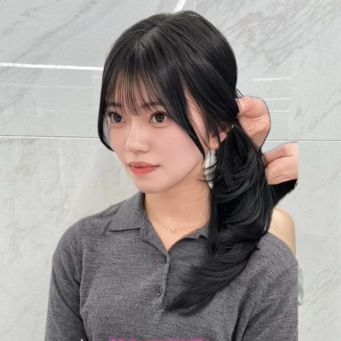 セミロング カラー ヘアアレンジ 黒髪 ナチュラルブラック 韓国風ヘア レイヤーカット カット ヘアカラー ヘアセット kana 栄美容師/韓国ヘアのヘアスタイル
