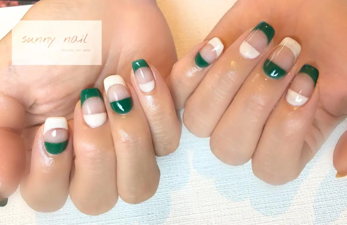 ネイル アートネイル カジュアル フレンチネイル ジェルネイル グリーン sunny nailのネイルデザイン