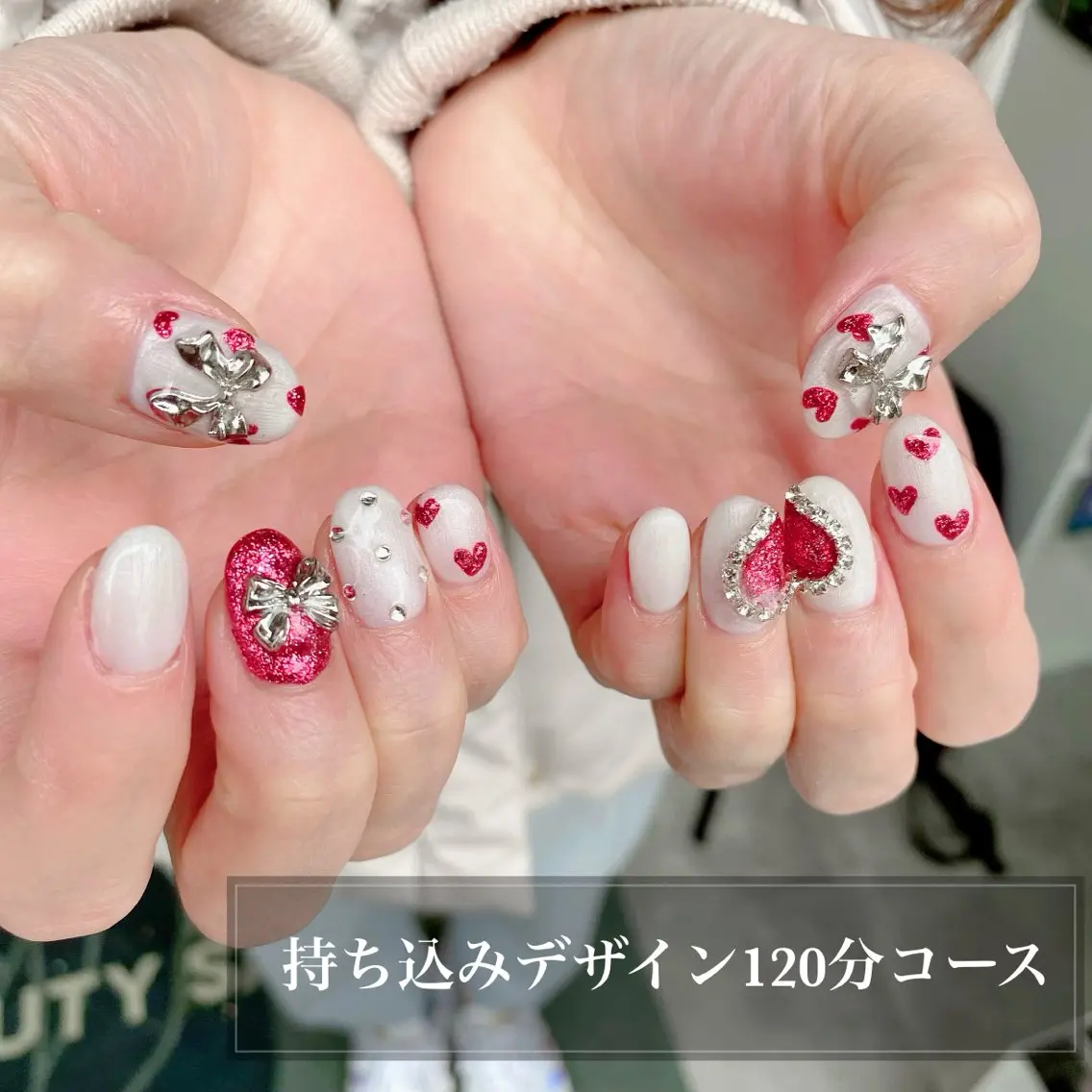 ネイル ハート 持ち込み バレンタイン ハンドネイル NANA RIKOのネイルデザイン