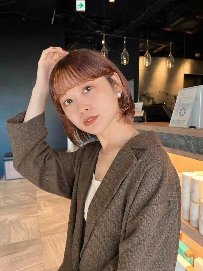 ショート カラー ヘアアレンジ ブラウンカラー デザインカラー ハイライトカラー オレンジ オレンジブラウン 🌱ボブ/レイヤー/ ベージュ/あやみ✨のヘアスタイル