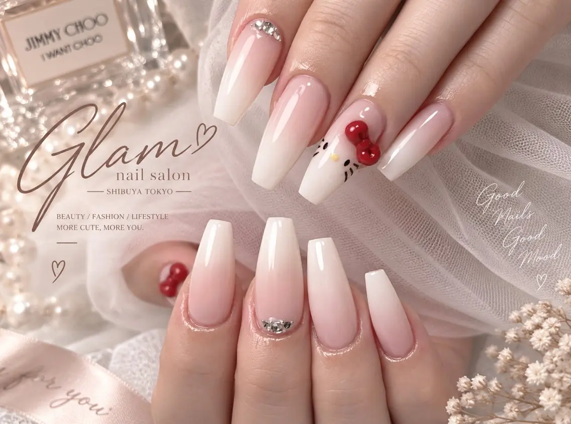 ネイル ハンドネイル エツメ💅 長さ出し🎀デザインのネイルデザイン