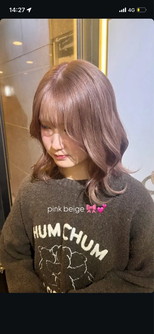 ミディアム カラー ベージュカラー ピンクカラー ピンクベージュ おくにし はなのヘアスタイル