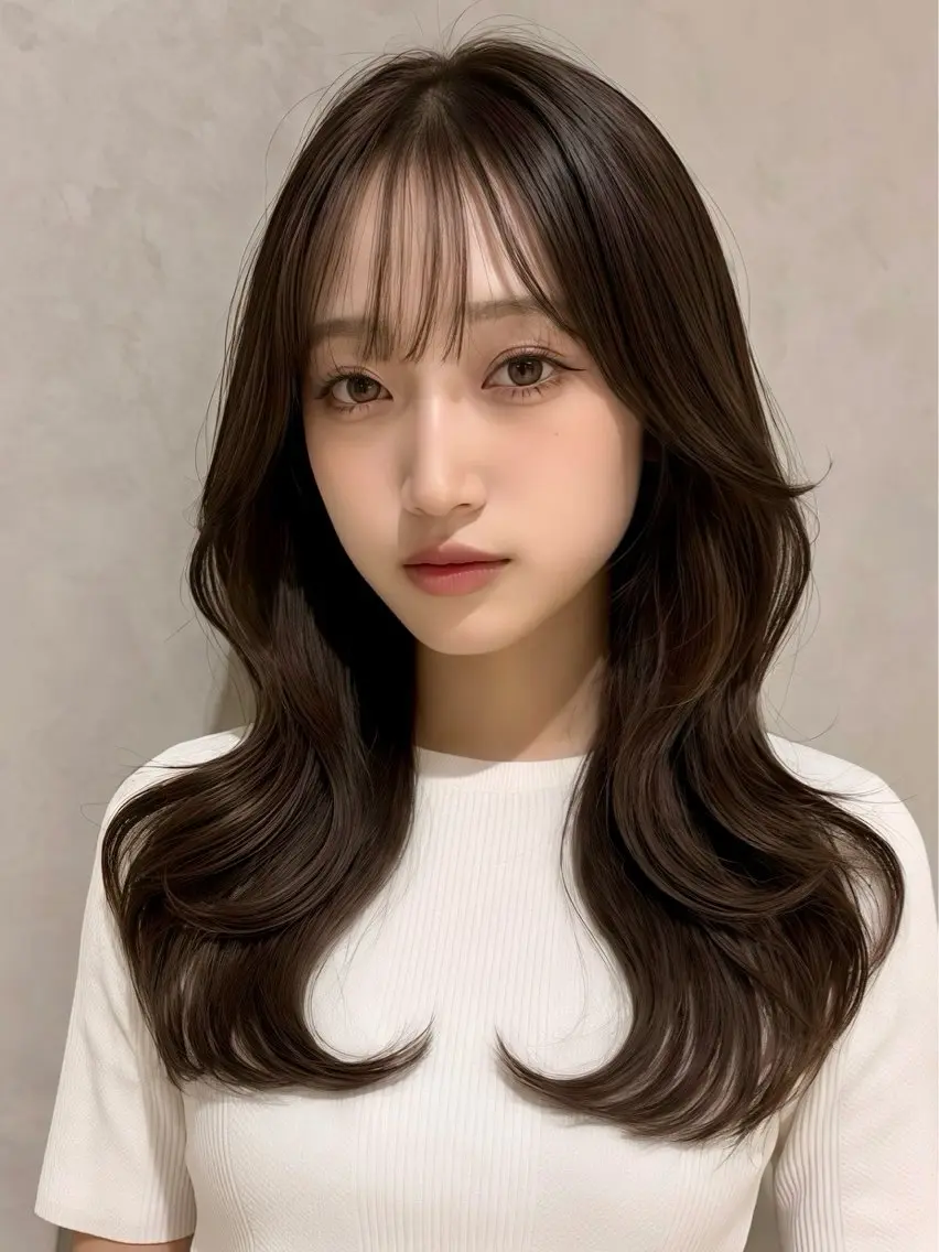 セミロング ケアカラー 髪質改善 韓国風ヘア レイヤーカット 小顔カット ヘアカラー トリートメント 吉川 友稀のヘアスタイル
